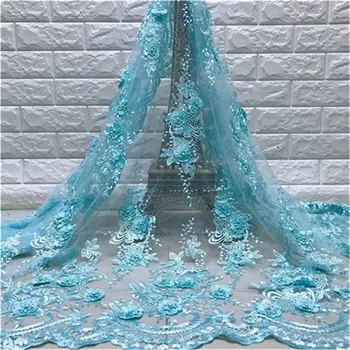 

Sky blue 2019 New Fashion!! beads Mesh Net Lace Fabric African Swiss Voile Prom Evening Dress Lace Embroidery India beads Fabric
