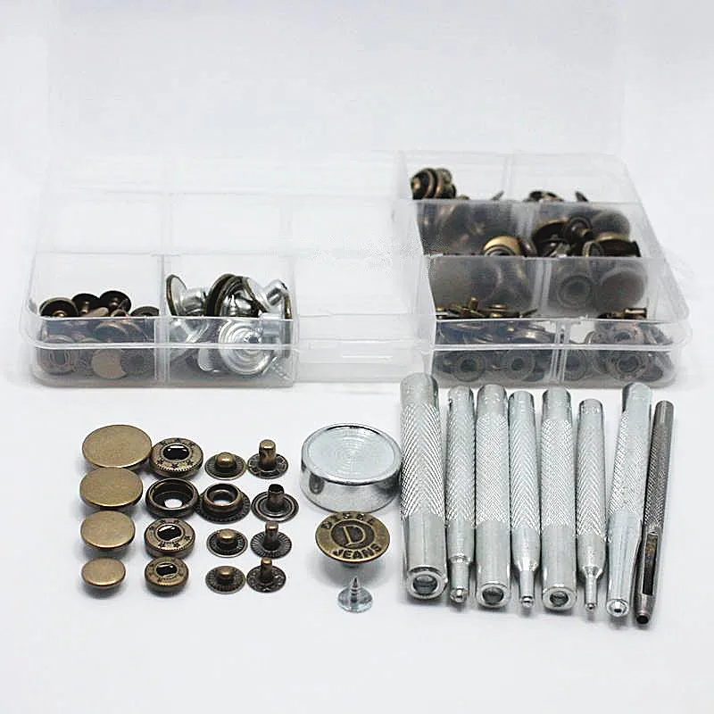 

10-17mm 5Style 50set Metal Snap Fastener Press Stud Buttons Poppers Leather Craft Jeans Button+9pcs Fixing Tools Kit+Storage Box