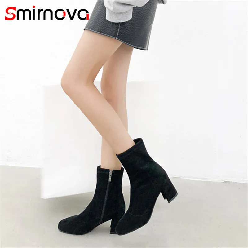 

Smirnova 2018 new autumn winter ladies boots cow suede leather woman boots high heel casual ankle boots zipper fashion shoes