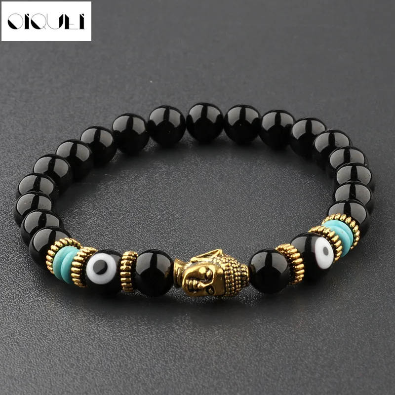 

OIQUEI Unisex Natural Obsidian Eyes Beads Gold Gasket Charm Buddha Head Lucky Bracelets Fashion Energy Yoga Bracelets For Woman