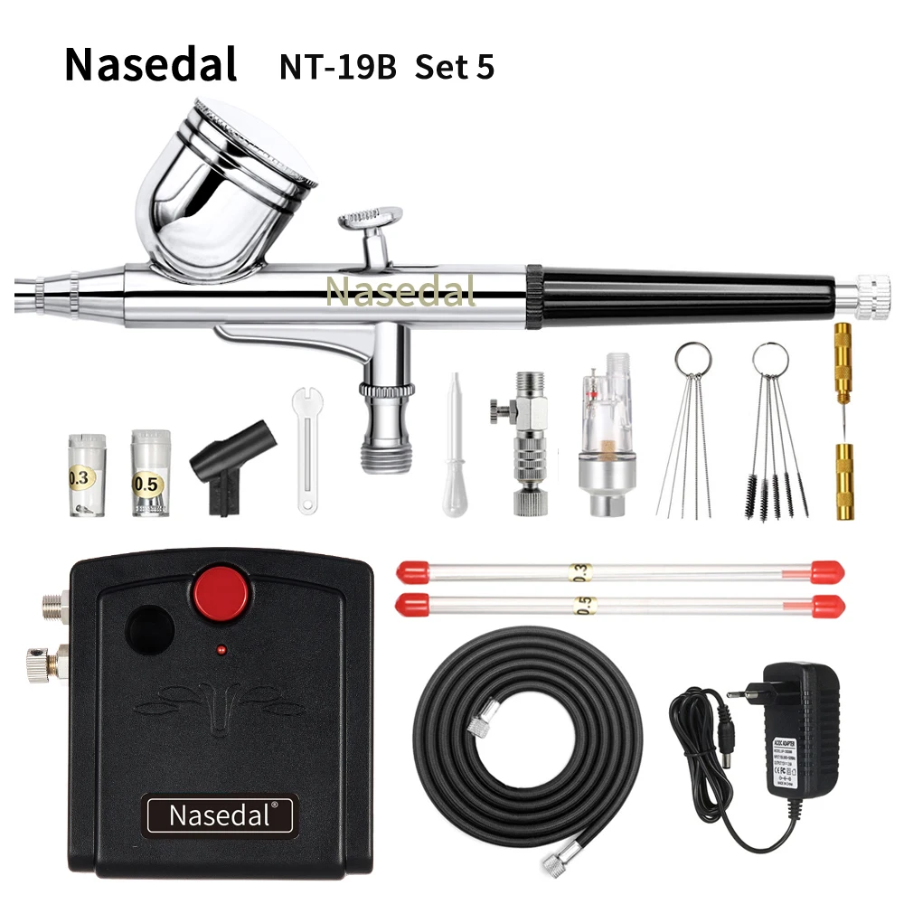 Nasedal Dual-Action Airbrush Compressor Kit 0.3mm Air brush Spary Gun for Cake Decoration Nail Art Model Car Painting Spray Tool