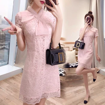 

Summer 2019 Mini Dress Sexy Celebrity Lace Short Bow V Neck Women Pink Temperament Night Club Body con Party Dresses Wholesale