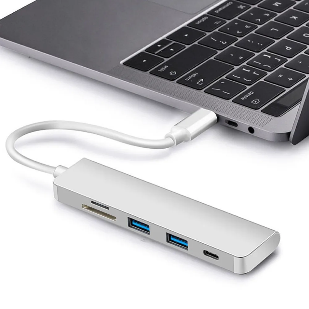 

5 in 1 Combo Type-C USB 3.1 Type C HUB with 2 USB 3.0 Ports SD TF Card Reader Type-C PD Charging Adapter Compatible for Macbook