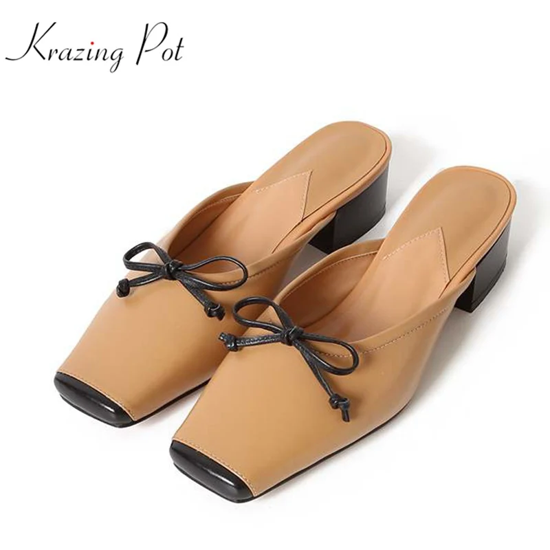 

2018 full grain leather hollywood star mules women pumps square toe bowtie shallow streetwear lazy style women lady shoes L09