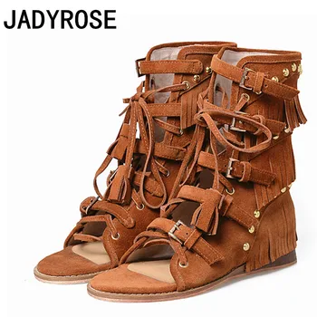 

Vintage Design Women Wedge Sandals Brown Suede Bohemian Beach Summer Shoes Woman Fashion Studded Fringe Sandalias Mujer 2018