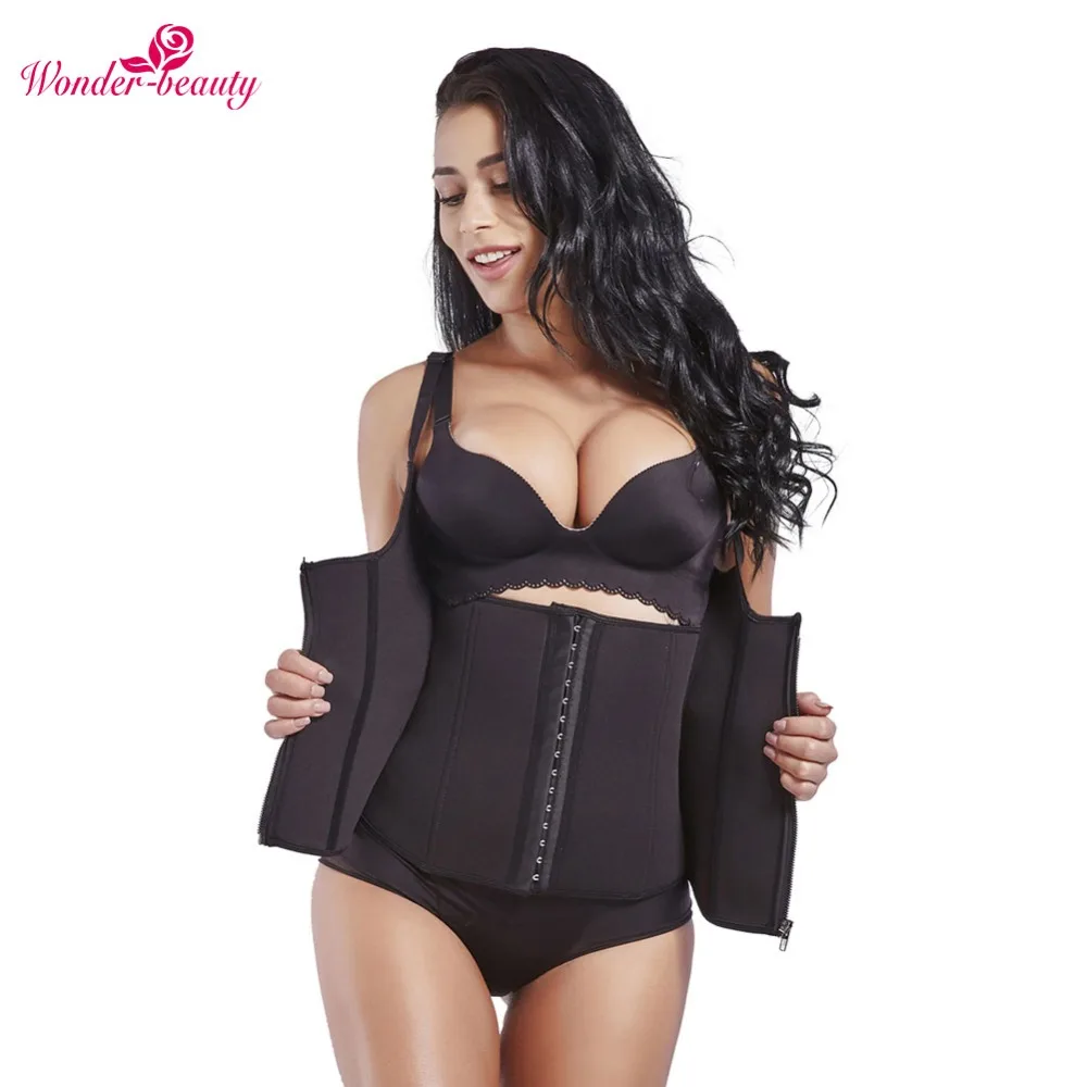 

Wonder-Beauty Neoprene Waist Trainer Zipper Hook Women Black Body Shaper Slimming Waist Trainer Corsets Steel Boned Underwear -C
