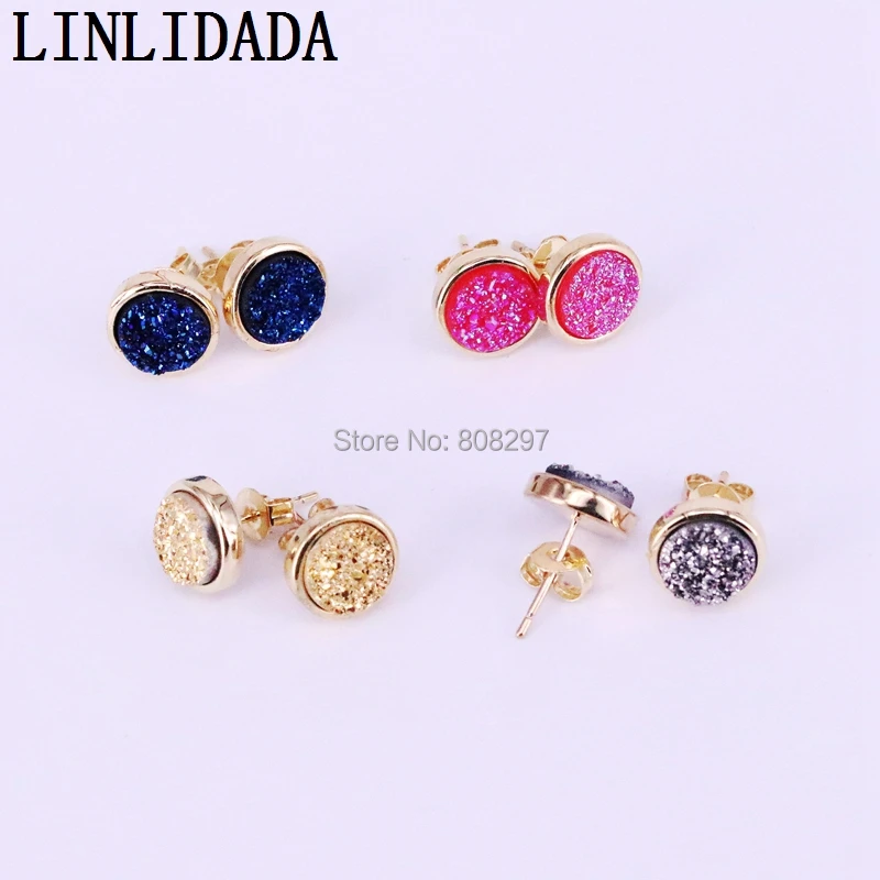 

10Pair New Arrival Titanium Quartz Stone Stud Earrings 10mm Multi-Color Round Shape Drusy Geode Earring