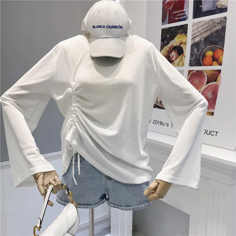 

2019 Spring and Summer Cotton Casual Loose Shirts Sunscreen Shirts Knitted O-Neck Flare Sleeve Solid Shirts