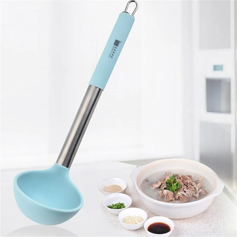 

Silicone Handle Stainless Steel Soup Spoon Anti-hot Ladles Tablespoon Dinnerware Cooking Tools Kitchen Accessories