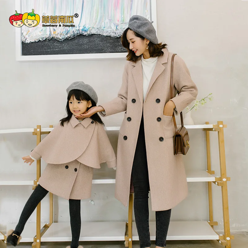 

Winter Parent-child Korean Version of Cape Vest Skirt Two Pieces of Long Woolen Coat Mommy and Me Clothes
