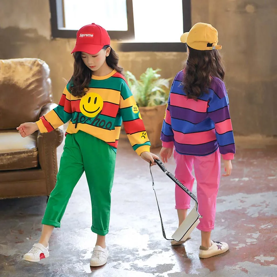 

2019 Spring Autumn New Kids 2pcs Casual Smile T-shirts + Pants Suits Fashion Baby Girls Sport Suit Children Clothing Set