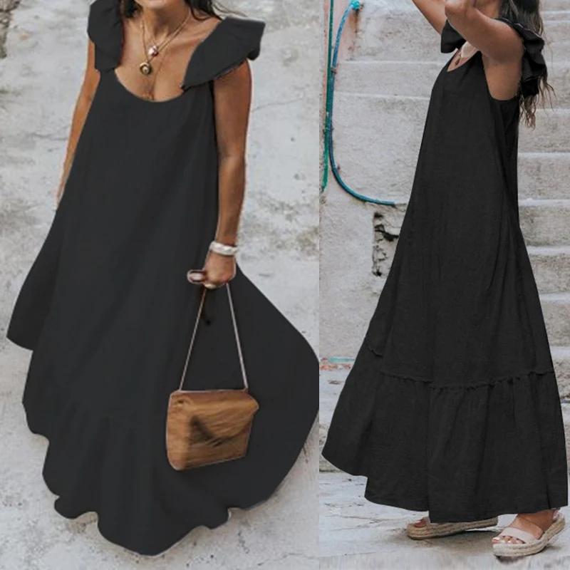 

2019 Summer Beach Dress Women Short Sleeve Ruffled Dress Celmia Ladies Pleated Casual Loose Solid Maxi Long Vestidos Plus Size