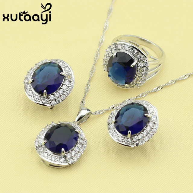 925 Silver Women S Fashion Jewelry Set Blue Zircon White Crystal 925 Silver Women S Fashion Jewelry Set Blue Zircon White Crystal Superb Ring Earrings Necklace Made In China