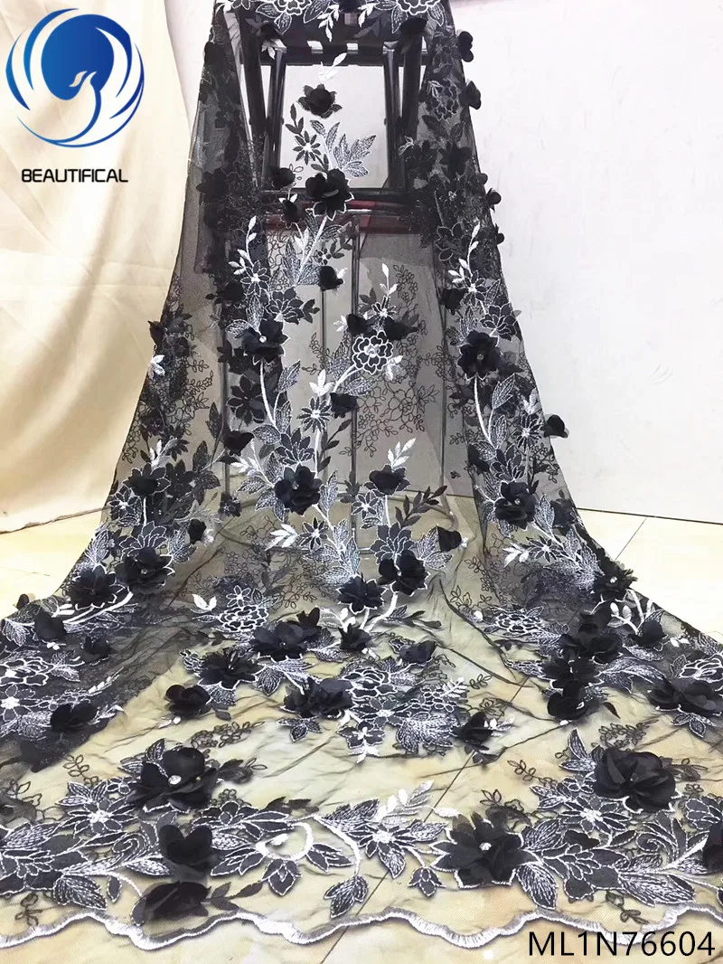 

Beautifical 3d french lace fabrics 2019 Top sale bridal lace fabric 3d flowers net lace fabric with rhinestones 5yards ML1N766