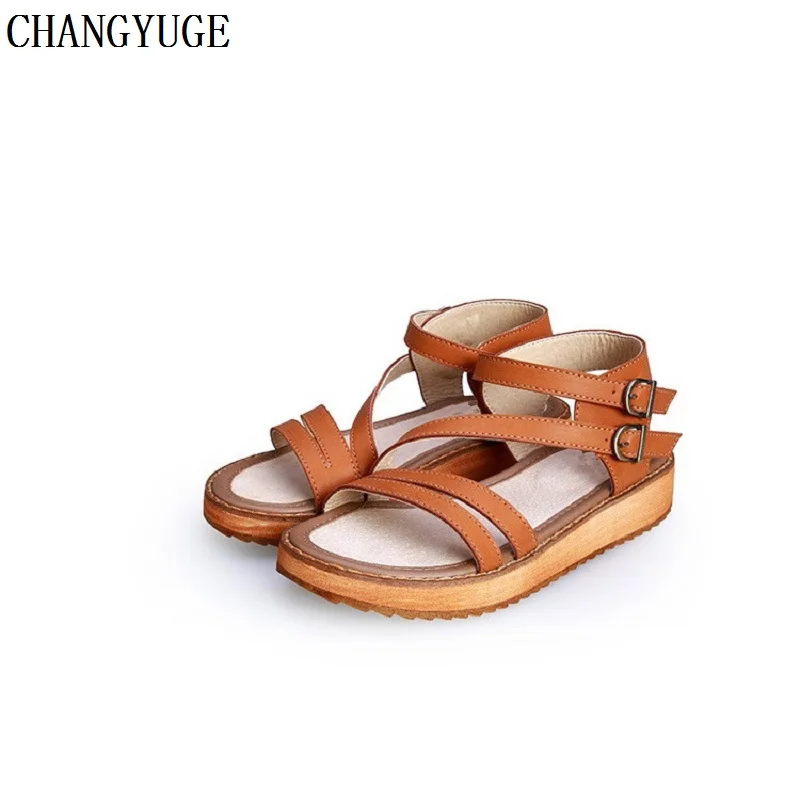 

2019 Genuine Leather Woman Sandals Shoes Summer Style Wedges Flat Sandals Women Fashion Slippers Rome Platform Genuine Leather