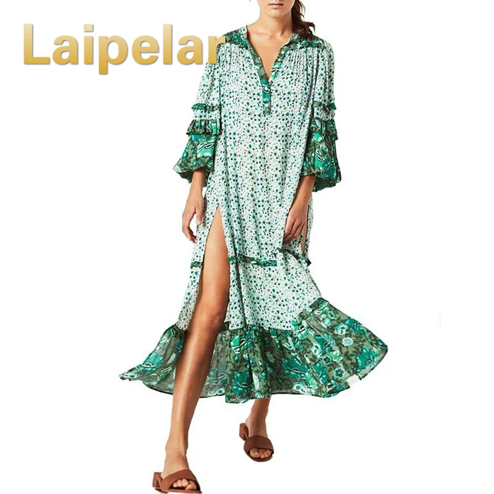 

Laipelar Summer Print Boho Maxi Loose Vintage Beach Long Ruffles Sleeve African Ethnic Floral Casual Bohemian Dress