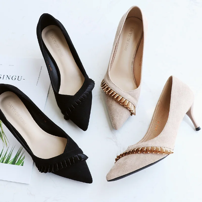 

pointed toe ruffles high heels shoes woman flock/suede riband pleated pumps elegant ladies OL shoes dress shoes woman mules y719