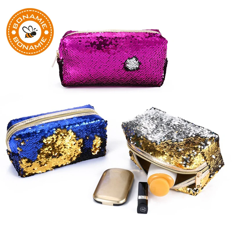 

BONAMIE 2019 Sequins Pencil Bags Unisex Large Cosmetic Bag Case Fashion Bling Makeup Pouch Box Women Evening Toiletry Wash Bag