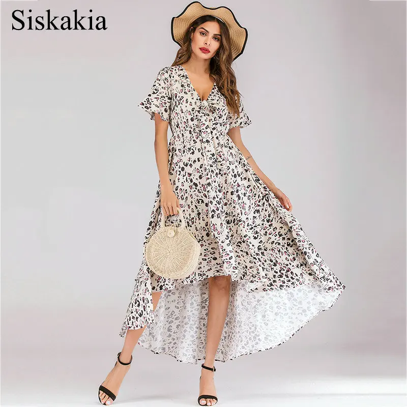 

Siskakia Asymmetry Summer Long Dress Sexy V Neck Bow Bandage Holiday Beach Floral Dress Short Sleeve Ruffles Swing Patchwork New