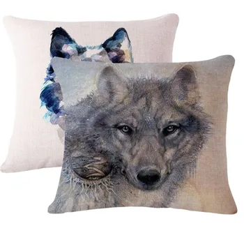 

2017 Colorful Oil Painting Cotton Linen Wolf head pillow case Home or high quality Cool decorative pillow case 45*45cm