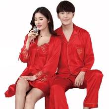Плюс размеры 3XL Красный Весна Любителей сна комплект однотонная пижама костюм из искусственного шелка пара 2 шт. пижамы китайский стиль Свадебная