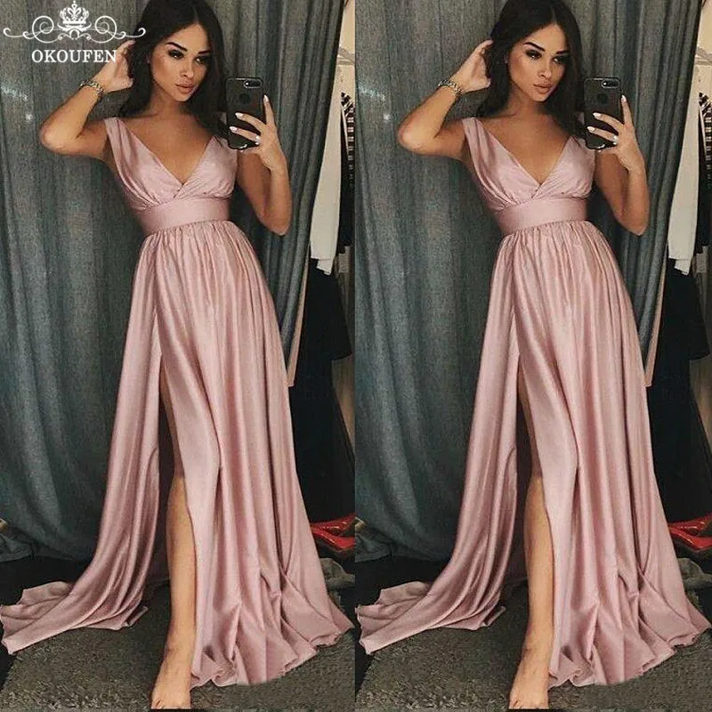 

Sexy Side Split Long Prom Dresses For Women 2019 Deep V Neck Stretchy Satin A Line Formal Evening Dress Party Gown Corset Back