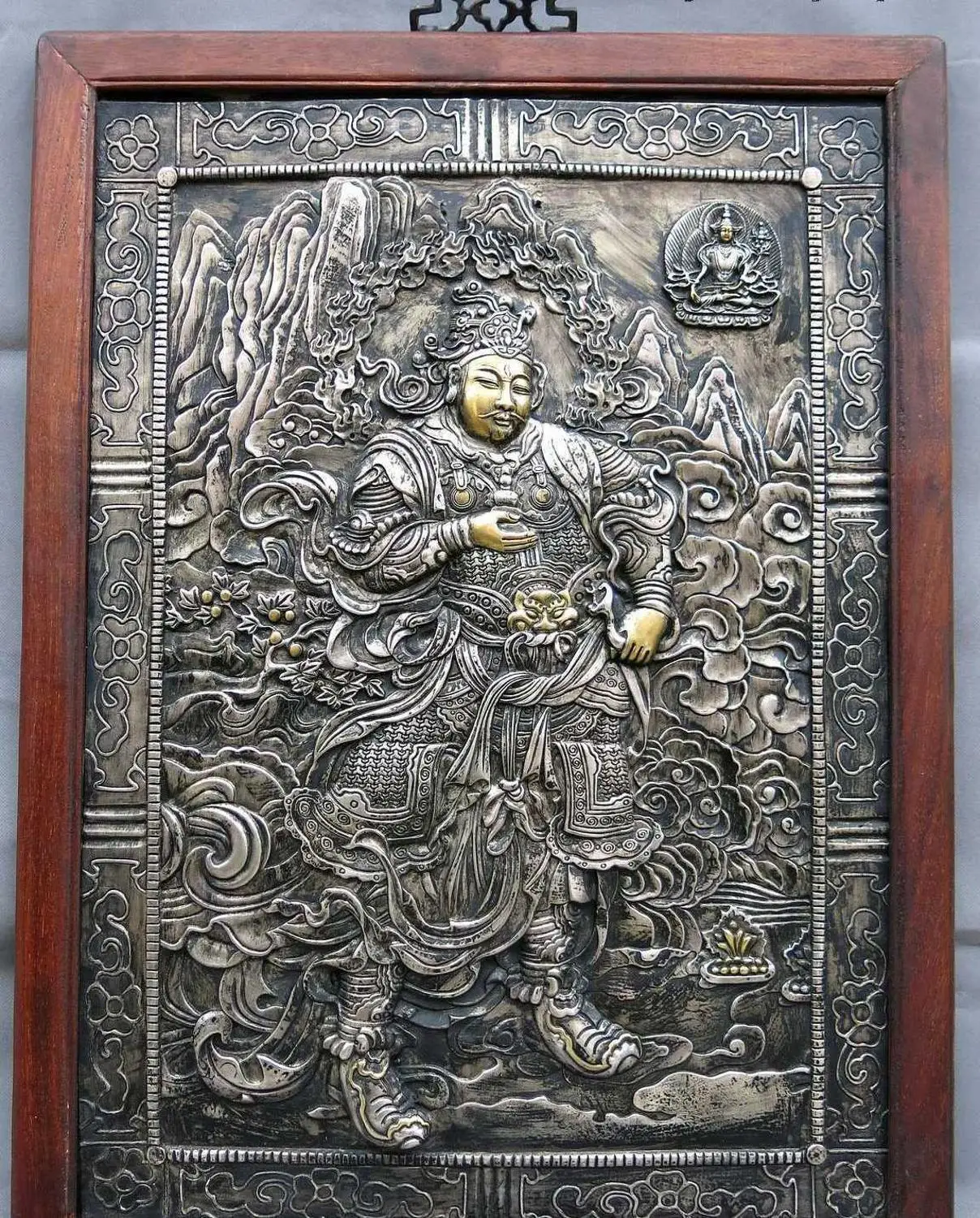 

30" China Tibet handwork wood inlay silver gild copper buddha Thangka Statue