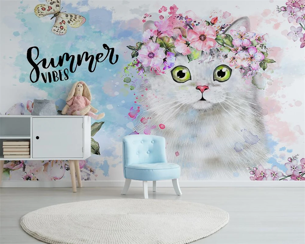 Beibehang Custom wallpaper Nordic Simple Flower Kitty Children's Room Decoration Background Living room Bedroom 3d wallpaper