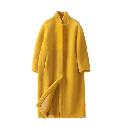 Зимняя женская куртка из натурального мериносового овечьего меха, длинная стильная Двусторонняя верхняя одежда из натурального овечьего меха, элегантное женское зимнее теплое пальто - Цвет: yellow