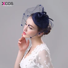 Темно-синие, Черные Свадебные шляпы в клетку, вуаль для невесты, вуаль для лица, фаты, цветок из перьев, заколка для волос