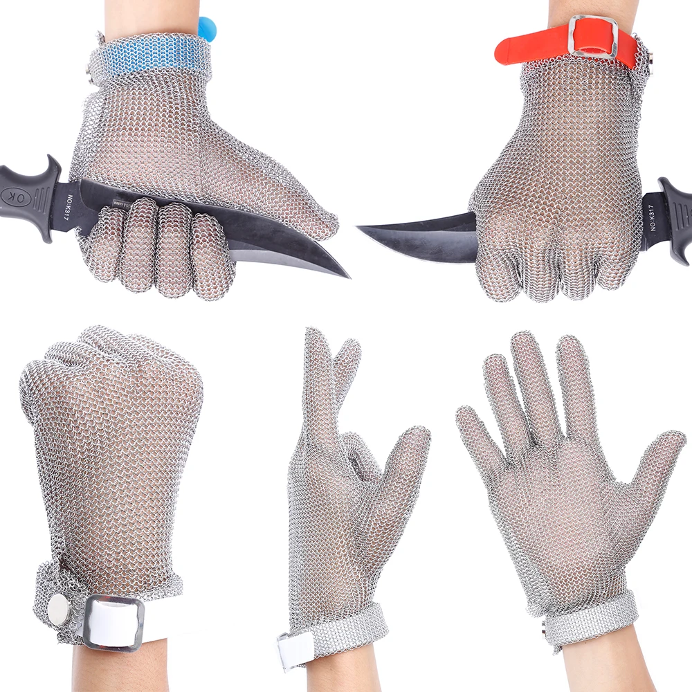 

Metal Mesh Butcher Gloves Plastic Belt Stainless Steel Mesh Glove Cut Resistant Kitchen Chain Mail Protective Anti-Cutting Glove