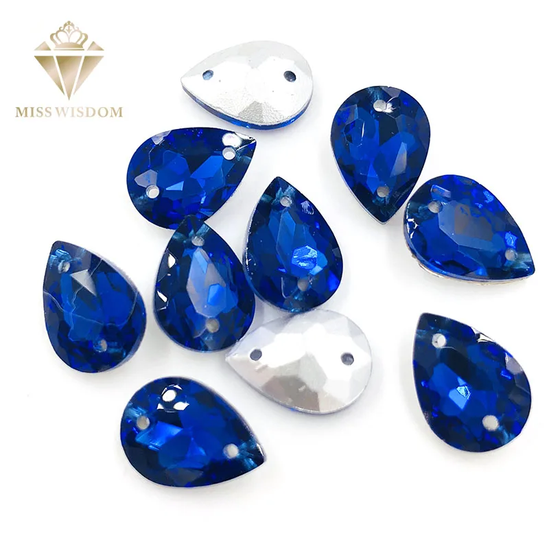 

10X14/13X18mm water drop Royal blue glass crystal pointback Double hole sew on rhinestones Diy dress wedding accessories