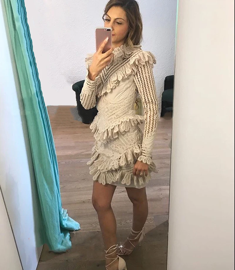 

Fashion Runway 2018 Women Embroidery Lace Patchwork Ruffled Short Mini Dress - High Neck Hollow Out Unbridled Battenburg Dress