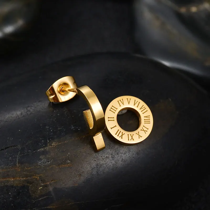 ELSEMODE 10 мм римские цифры Шарм золотые серьги-гвоздики для женщин 316L Нержавеющая Сталь Буквы свадебные серьги Модные ювелирные изделия