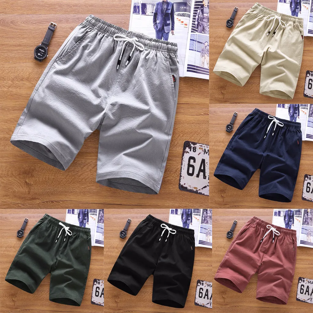 Pandaie Mens Pants Shorts New-Men Casual Boardshorts Pure Color Loose Belt Drawstring Beach Sports Shorts Pants
