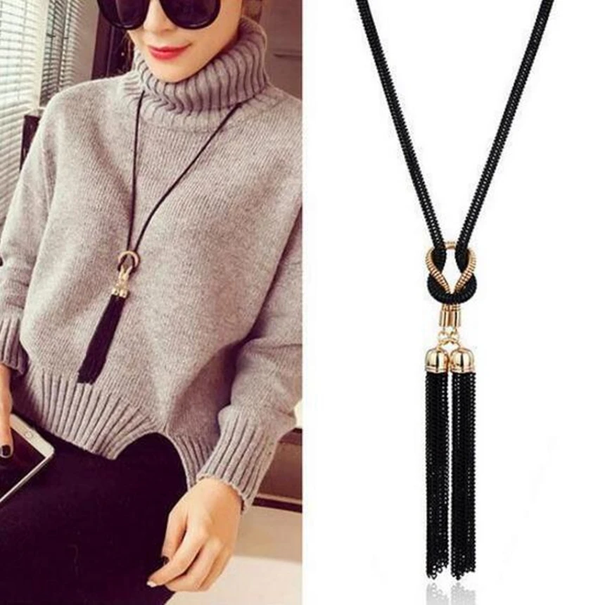 

Lusion Black Chain Bow Tassel Boho Choker Necklace Woman Color Collar Metal Long Chunky Necklaces Fashion Accessories Bijoux Hot