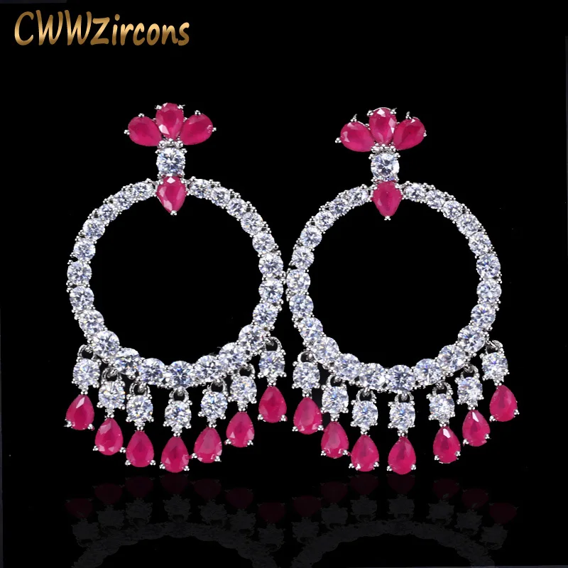 

CWWZircons High Quality Noble White Gold Color Round Drop Red Cubic Zirconia Crystal Bohemia Women Jewelry Earrings CZ007