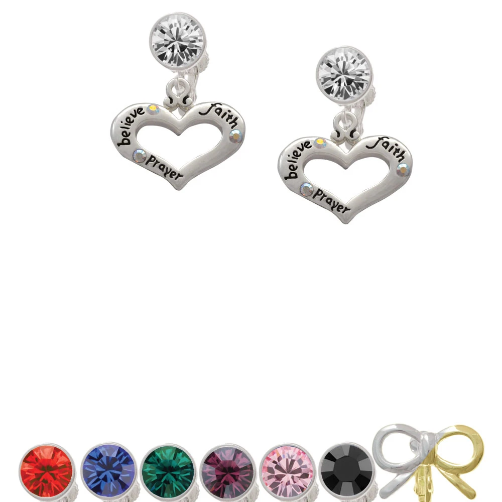 Heart with 3 AB Crystals - Believe Faith Prayer Crystal Clip On Earrings