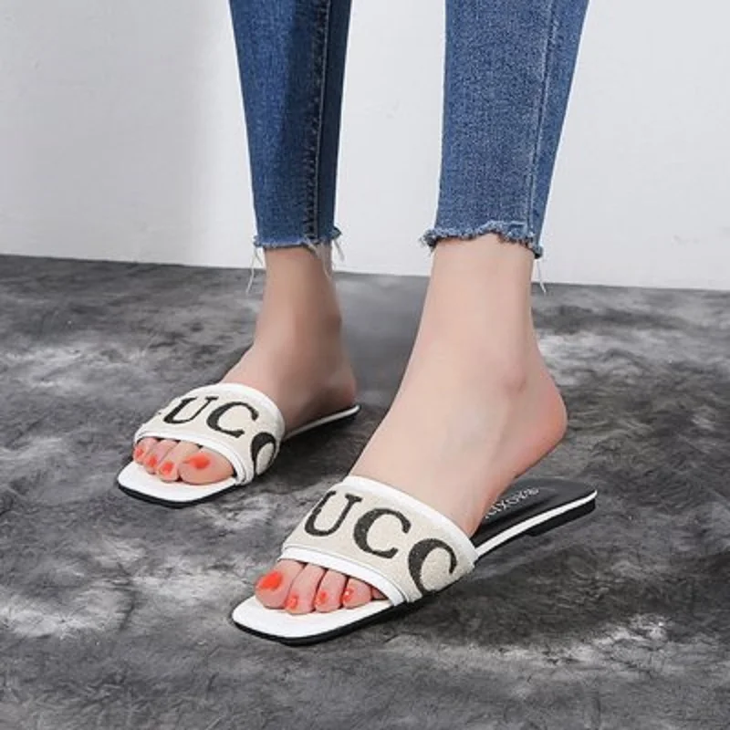 

Brand red white black logo flat shoes women's sandals 2019 summer new designer women's slippers