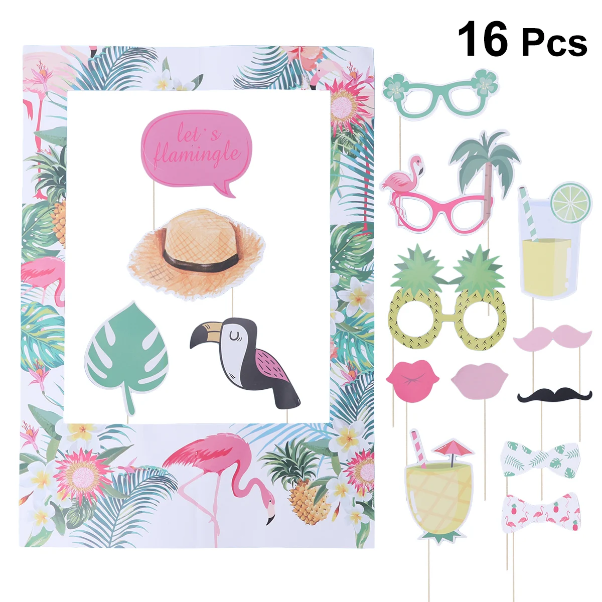 

16pcs Photobooth Props Lovrly Tropical Hawaiian Photo Frame Flamingo Pineapple Photo Props Photo Booth Set Luau Party Supplies