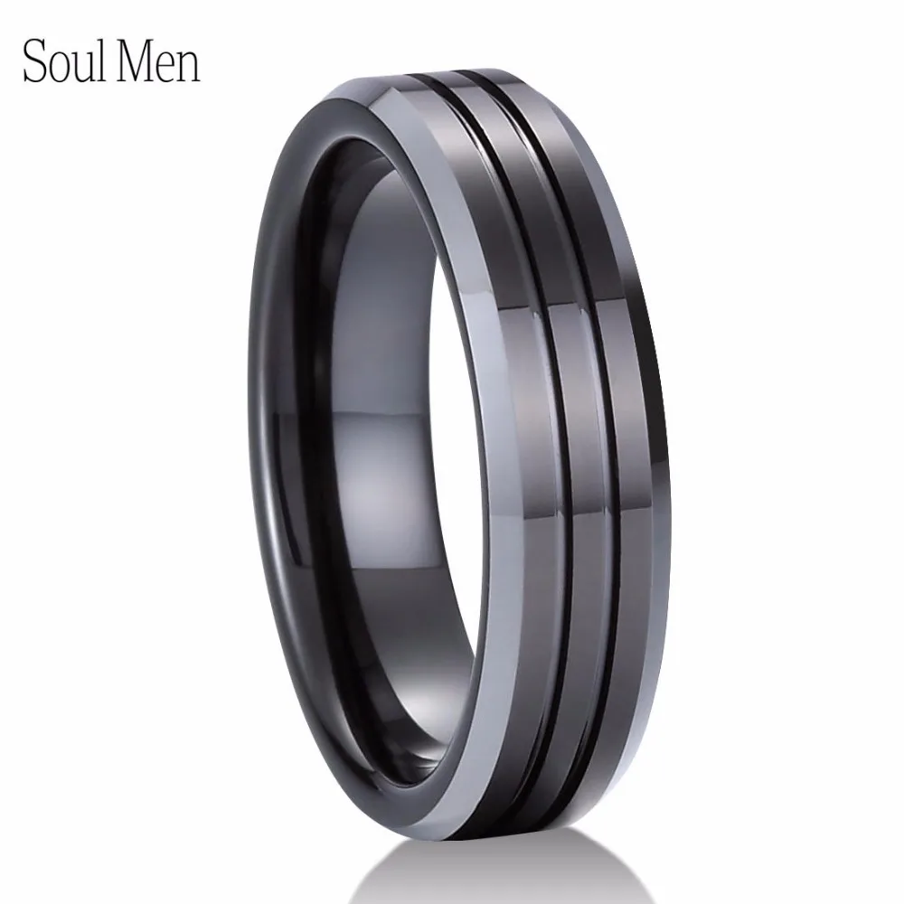 Male Classic Wedding Band 6mm Black Tungsten Carbide Grooved Ring for Men Women USA size 11 12 13 | Украшения и аксессуары