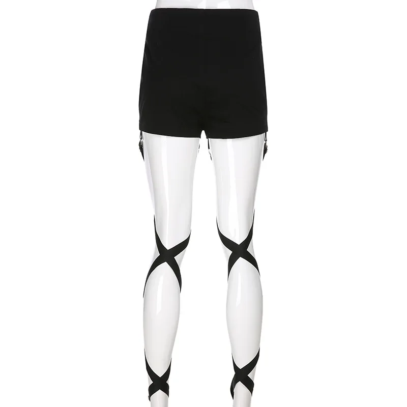 Женские уличные ремни с петельками Мини Короткие шорты с высокой талией рейв одежда черный секретный готический панк-рок сексуальные обтягивающие шорты