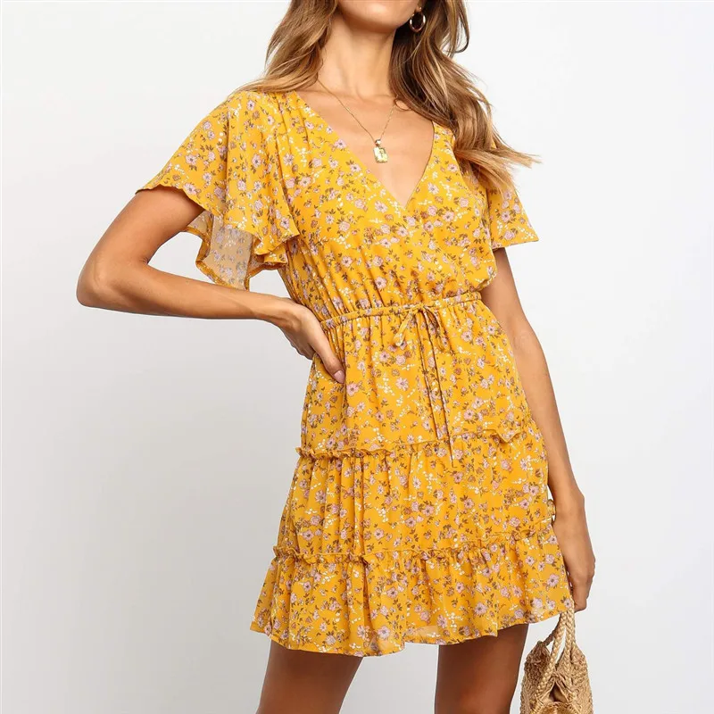 

2019 Summer Dress Women Short Sleeve Leisure Print Ruffles Dresses Ladies Sexy V Neck Female Mini Dress Casual Sundress Vestido