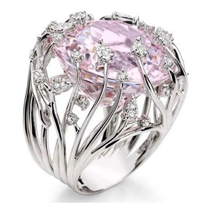 

LUKENI Romantic Crystal Pink Flower Rings For Girl Princess Engagement Accessories Women Silver 925 Finger Ring Wedding Jewelry