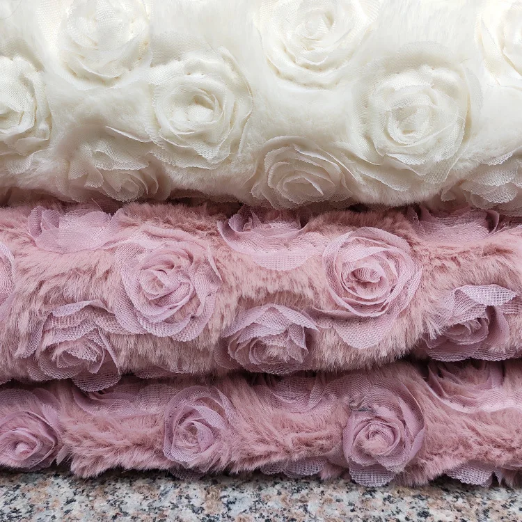 New Arrival Polyester 700 Gram Faux Rabbit Fur Embroidered Rose Flower Toy Sofa Pillow Handmade Sewing Fabric