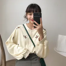 2 цвета женский кардиган осень зима мультфильм вышивка Толстовка пальто Outweat дамы Свободное пальто(F3576