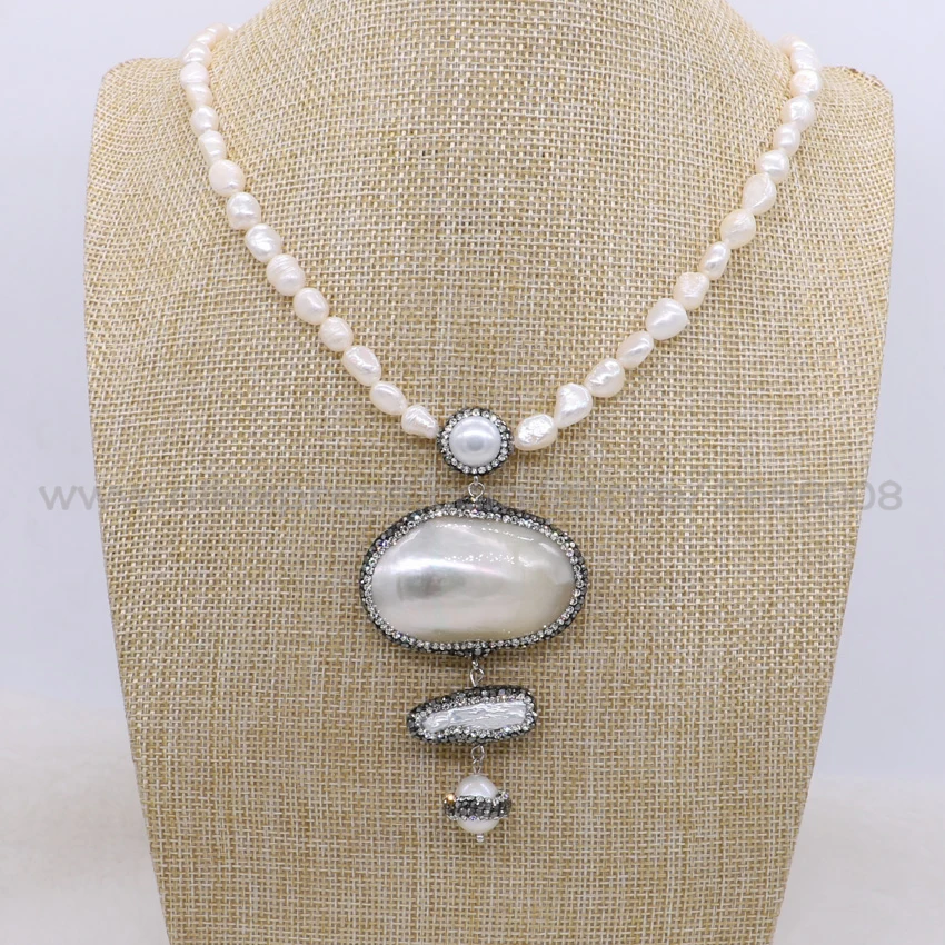 

Wholesale natural pearls long necklaces with big shell&pearl connection pendants handcrafted strand jewelry for women 1324