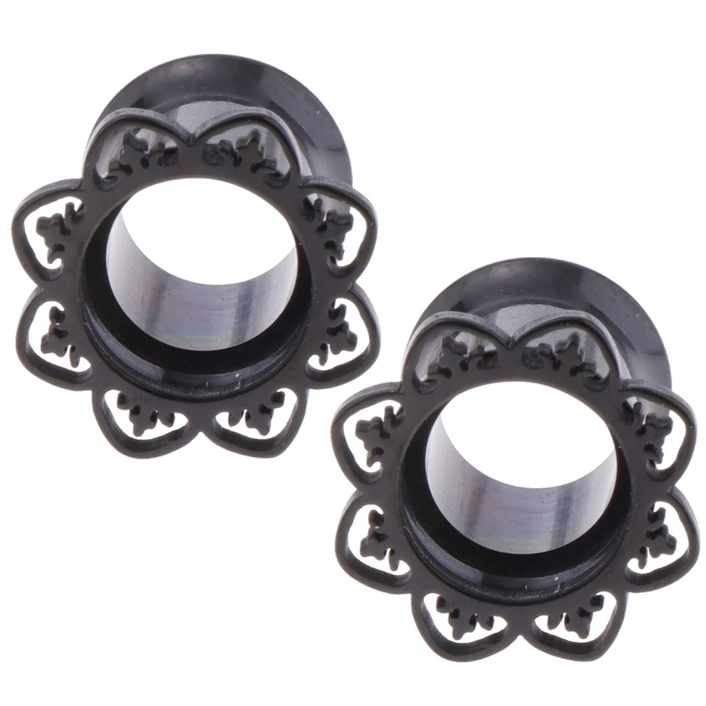 2Pieces Black Flower Stainless Ear Flesh Tunnels Flared Earrings Gauges 8mm
