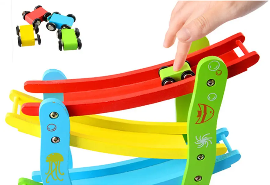 

[ Best ] Wooden orbital speed cars colorful Educationa Slot model toy Four layers orbit 4 cars model Pull Back Racing car toy