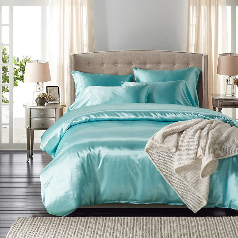 

Summer Sky Blue Duvet Cover Set Queen King Size Simulation Silk Bedding Duvet Cover Pillowcase Soft Bedclothes